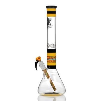 High end glass beaker bong with worked sections.