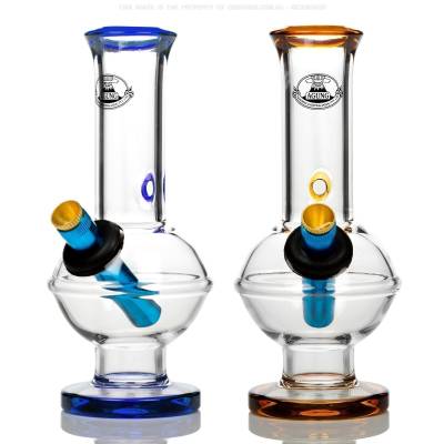 small glass bong with coloured accents and agung glass bong logo on the neck