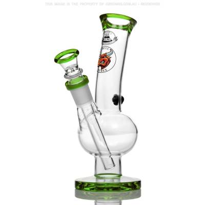 glass on glass bong with green accents and shot hole plug