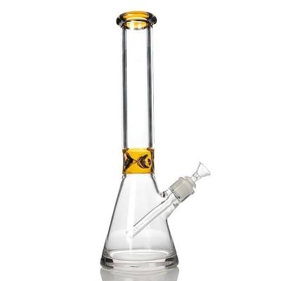 Glass beaker bongs with down stem and cone piece.