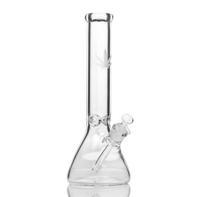 34cm tall glass beaker bong with cannabis leaf design.